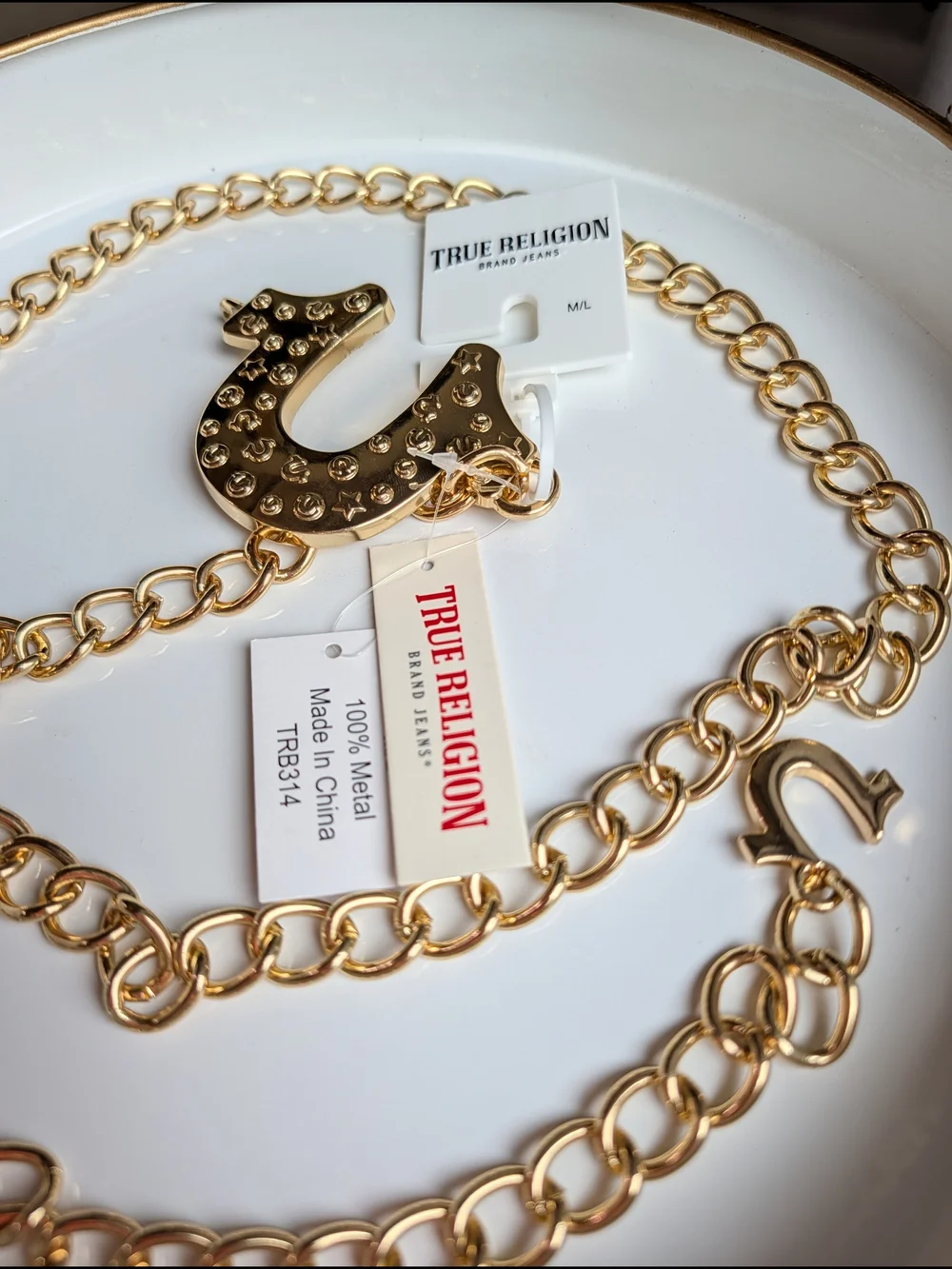 True Religion Gold-Tone Embossed Horseshoe Pendant Chain Belt